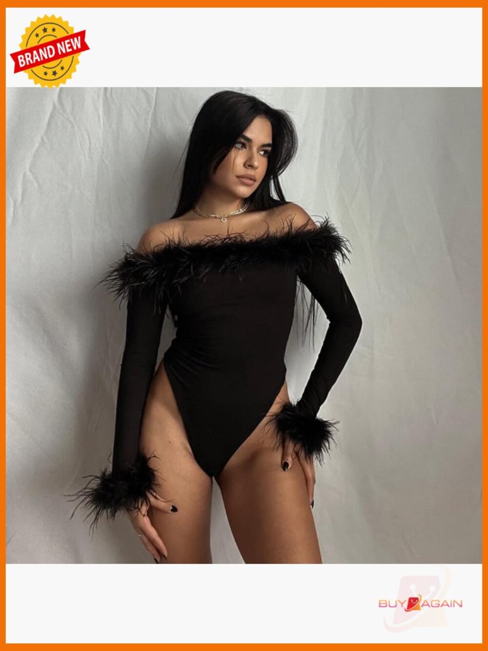 Long Sleeve Off Shoulder Bodysuit with Feather Trim Slim Fit - Picture 3 of 7